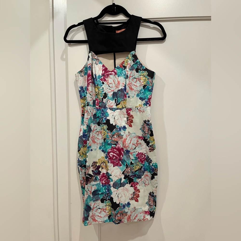 Floral mini dress with boxed halter neckline